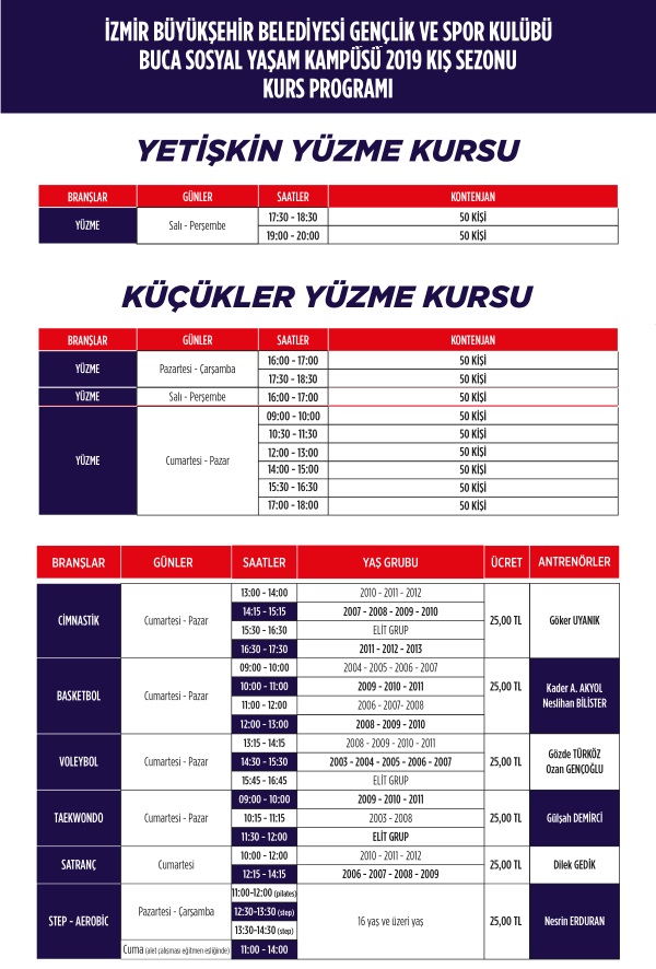 İzmir Büyükşehir Belediyesi BUCA SOSYAL YAŞAM KAMPÜSÜ 2019 Kış Okulları Fiyat ve Seansları